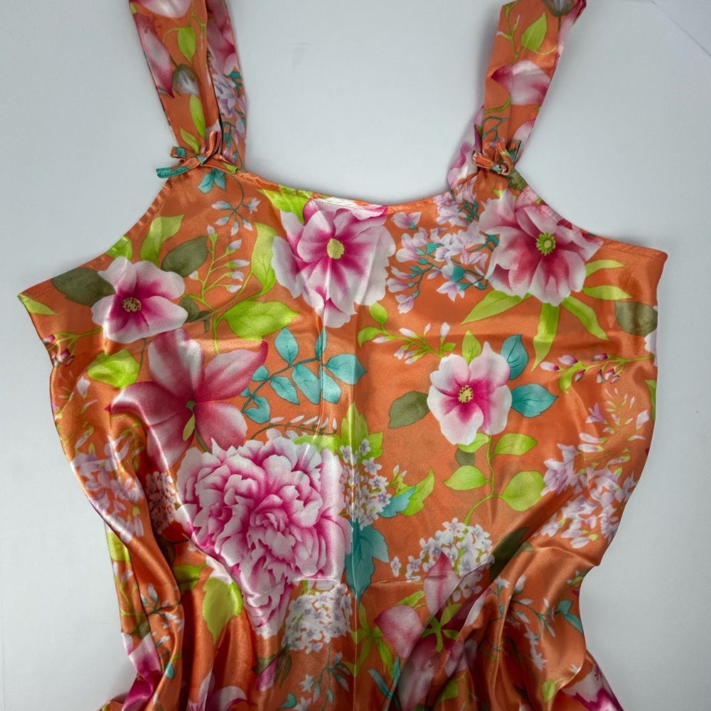 Floral Satin Slip Dress in Peach with Pink Blooms - Picture 4 of 6